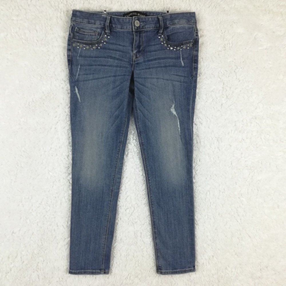 Express Womens‎ Jeans Ankle Crop Blue Denim Distressed Studded Medium Wash 8